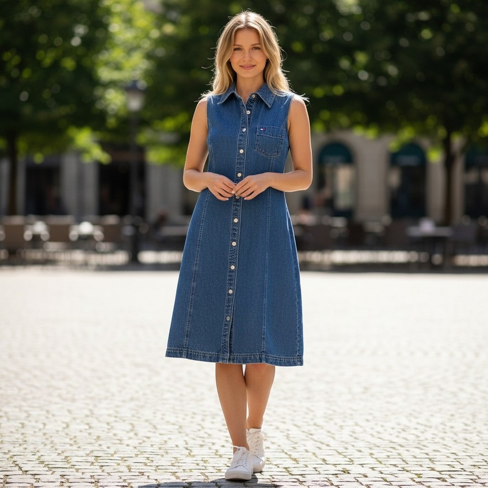Tommy Hilfiger Sleeveless Denim Midi Dress Medium Wash Cotton Button Front